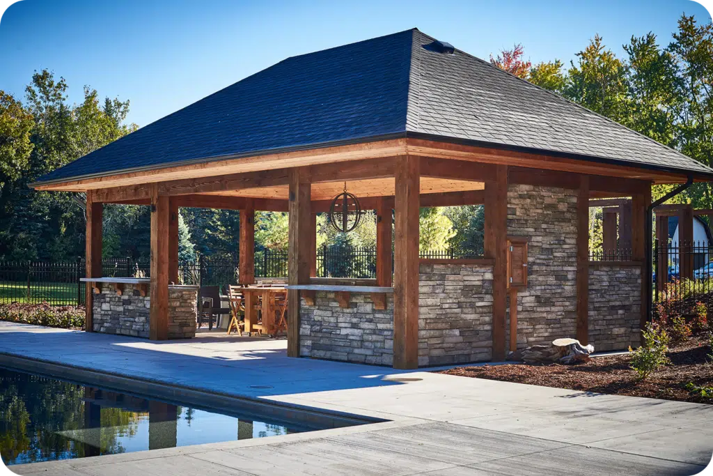 Stone and wood pergola vs cabana