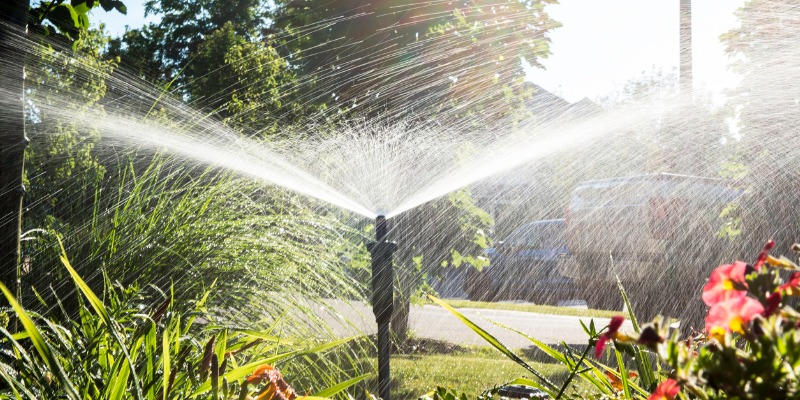 Close up of sprinkler system that is on